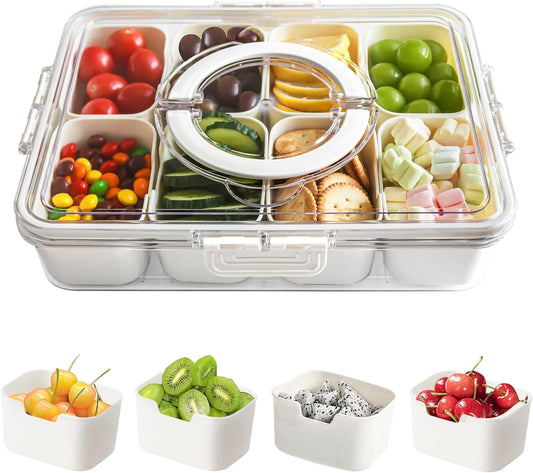 Snackle Box Container, Divided Serving Tray with Lid and Handle, Portable Snack Containers, 8 Compartment Snack Box Container, Transparent Storage Box for Fruits, Vegetables, Candies