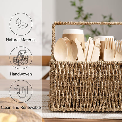 StorageWorks Wicker Silverware Organizer with Handle, Seagrass Kitchen Utensil Holder, Large Utensil Holder for Kitchen Counter, Spoon Forks Knife Cutlery Caddy, Paper Plate Dispenser for Countertop