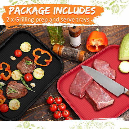 Set of 2 Large Grilling Prep and Serve Trays 18 x 14 Inch BBQ Platters Black Red Trays for Serving Food Raw and Cooked Food Grill Carry System BBQ Accessories for Men