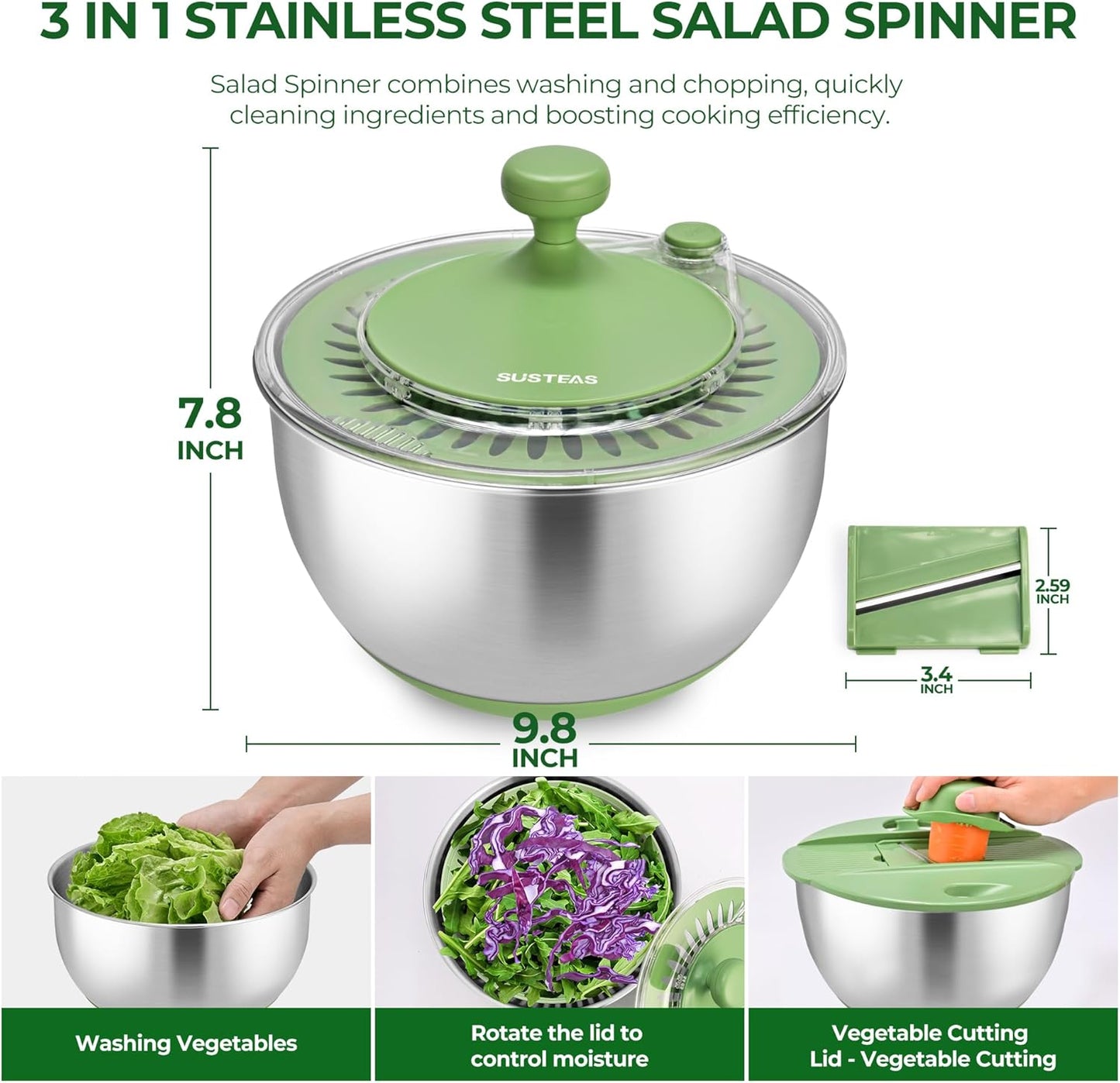 SUSTEAS Salad Spinner Large, Vegetables Wash Bowl, Fruits & Herb Lettuce Dryer with 5 Blade Slicer Egg Yolk Strainer Shredder for Efficient Salad Preparation and Food Washing, 4.25Qt