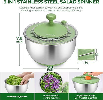 SUSTEAS Salad Spinner Large, Vegetables Wash Bowl, Fruits & Herb Lettuce Dryer with 5 Blade Slicer Egg Yolk Strainer Shredder for Efficient Salad Preparation and Food Washing, 4.25Qt