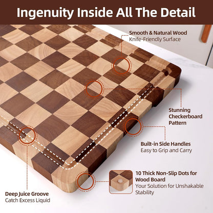Checkered Cutting Board Set for Kitchen - 3 PCS Solid Wood End Grain Checkerboard Chopping Board with Holder & Juice Groove, Wooden Cutting Boards for Meat, Vegetables, Fruits (S, M, L)
