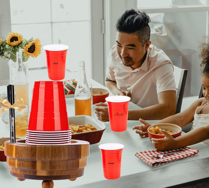 Acacia Wood Cup Holder with Marker Slot, Paper Cup Storage Box Mark Your Cup and Drink Up, Rustic Disposable Cup Dispenser for Party Bar Kitchen Bathroom
