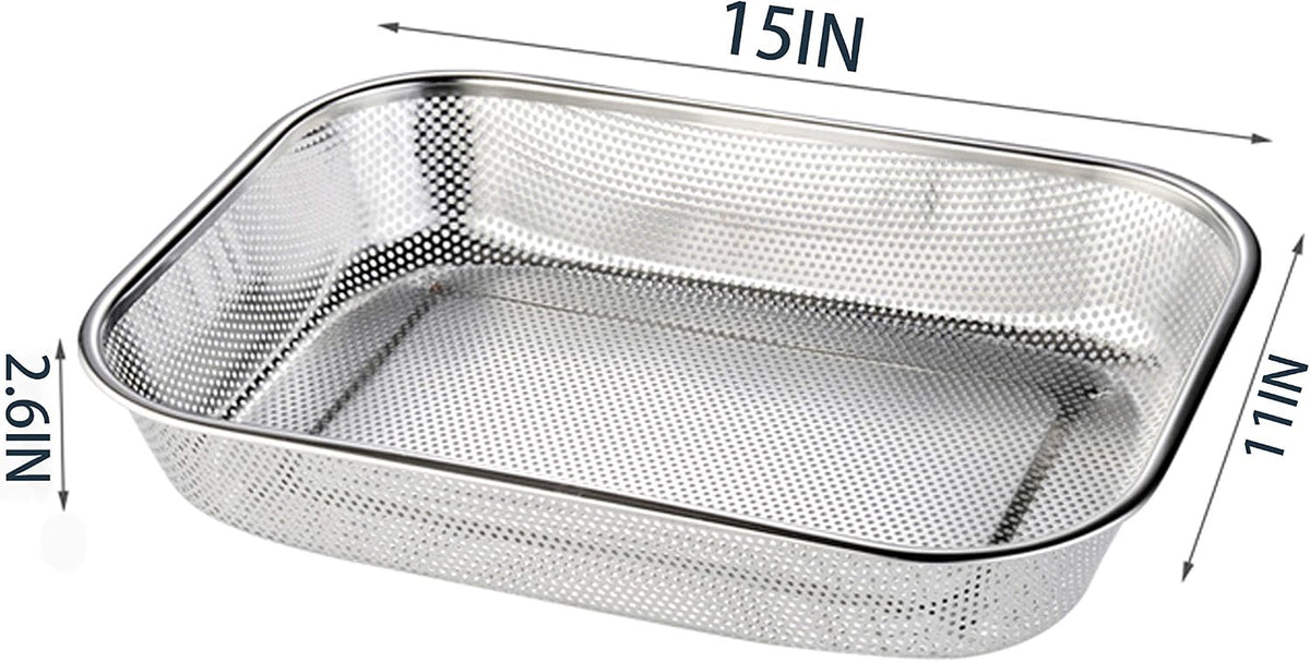 Cedilis 2 Pack Large Stainless Steel Colander Strainer, 6 Quart Mesh Vegetable Washing Basket, Rectangle Drainer Sink Basket for Vegetable Fruit Food (15" x 11" x 2.6")