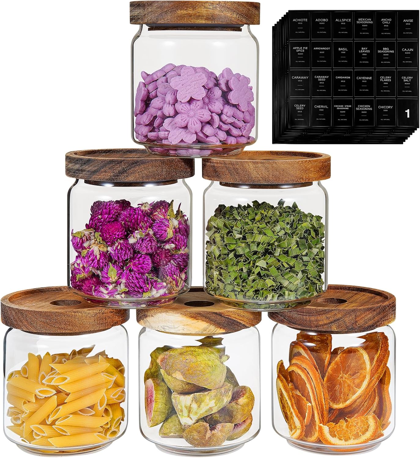 6 pc Glass Spice jars Glass Jars with Screw Lid 5 oz Acacia Wood Glass Herb Sugar Coffee Bean Ground Container Food Storage Canister for Candy Pantry Tea Seasoning Meal Prep Snack (6*150ml(5oz))