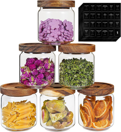 6 pc Glass Spice jars Glass Jars with Screw Lid 5 oz Acacia Wood Glass Herb Sugar Coffee Bean Ground Container Food Storage Canister for Candy Pantry Tea Seasoning Meal Prep Snack (6*150ml(5oz))