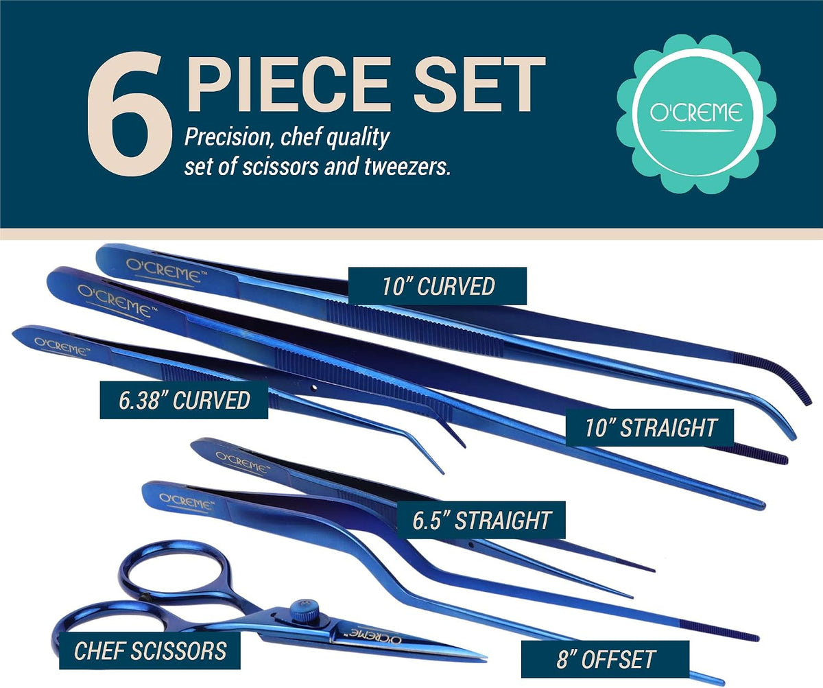O'Creme Set of Culinary Tweezer Tongs Offset, Straight and Curved, Plus Super Sharp Chef Scissors, Total 6 Pieces (Rose Gold)