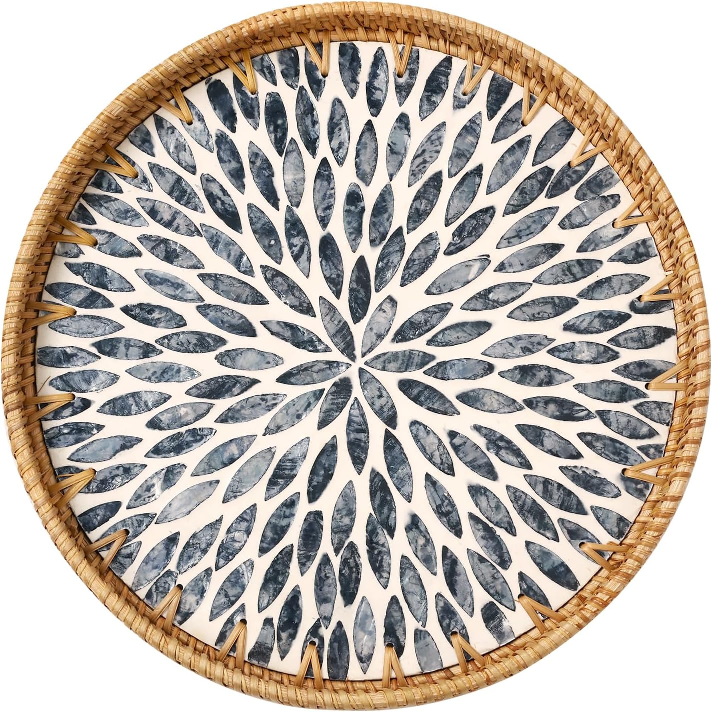 Round Rattan Tray with Mother of Pearl Inlay, Rattan Serving Tray for Coffee, Bread, Fruits, Decorative Wicker Tray for Table Decor, Home Decor, Kitchen Island Decor(Black Checkerboard, 11.8")