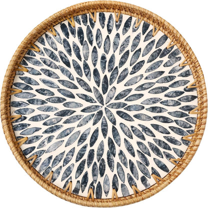 Round Rattan Tray with Mother of Pearl Inlay, Rattan Serving Tray for Coffee, Bread, Fruits, Decorative Wicker Tray for Table Decor, Home Decor, Kitchen Island Decor(Black Checkerboard, 11.8")