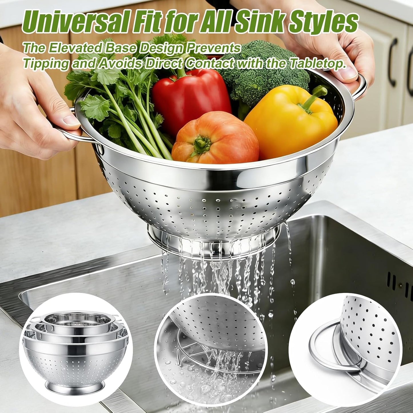 Palksky Stainless Steel Colander Set with Self-Draining Base, 3 Sizes Colanders & Food Strainers for Pasta, Rice, Fruits & Veggies, Metal Colander with Draining Plate for Sink or Countertop