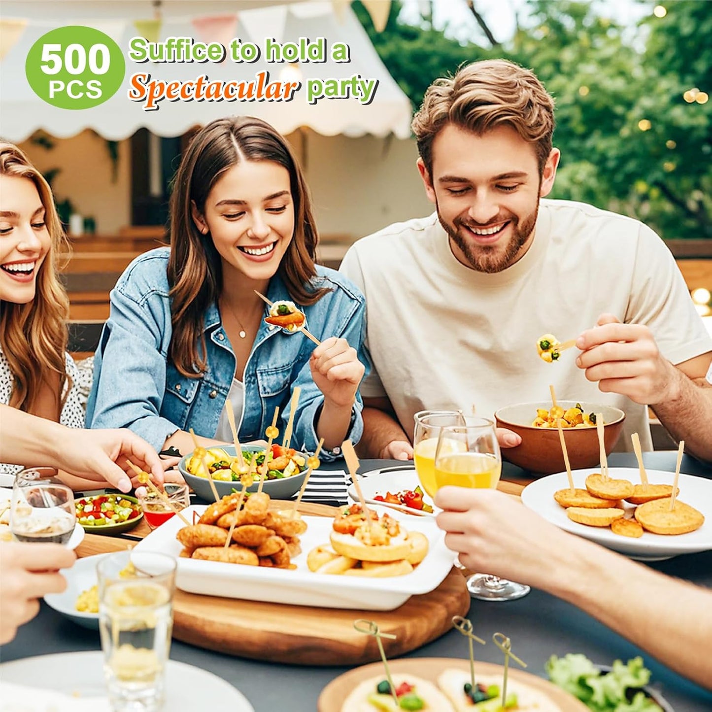 500PCS Cocktail Picks Kit, 4 Styles Fancy Toothpicks for Appetizers, 3 Sizes Long Bamboo Skewers, Decorative Wooden Cocktail Sticks for Party Supplies Food Drinks Fruit Charcuterie Boards Accessories