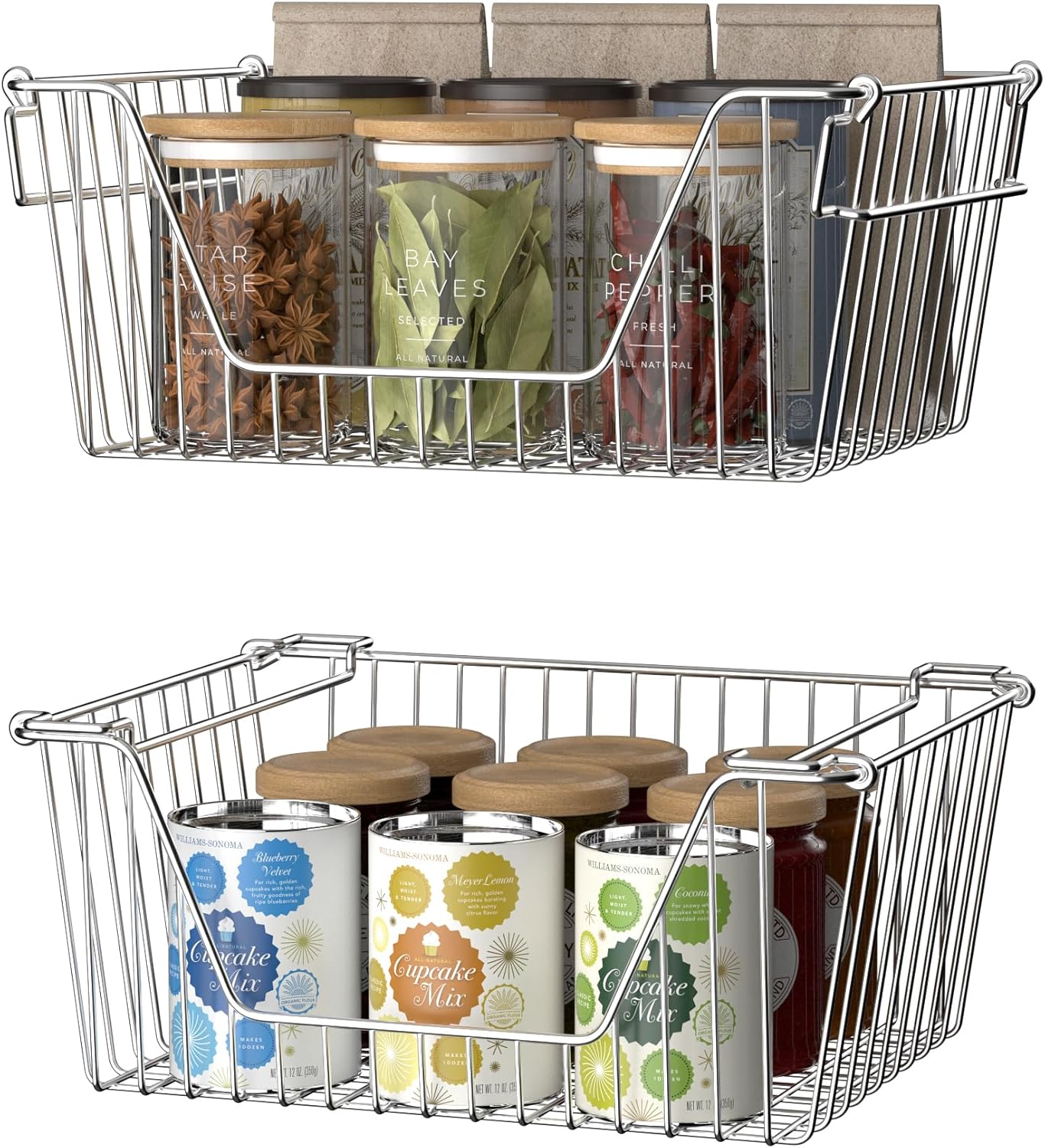 Slideep Wire Storage Baskets, Freezer Baskets Farmhouse Stackable Organizer Storage Bins Large Organizer for Storage, Office, Bathroom, Pantry Organization Storage with Handles 14" Black -Set of 3