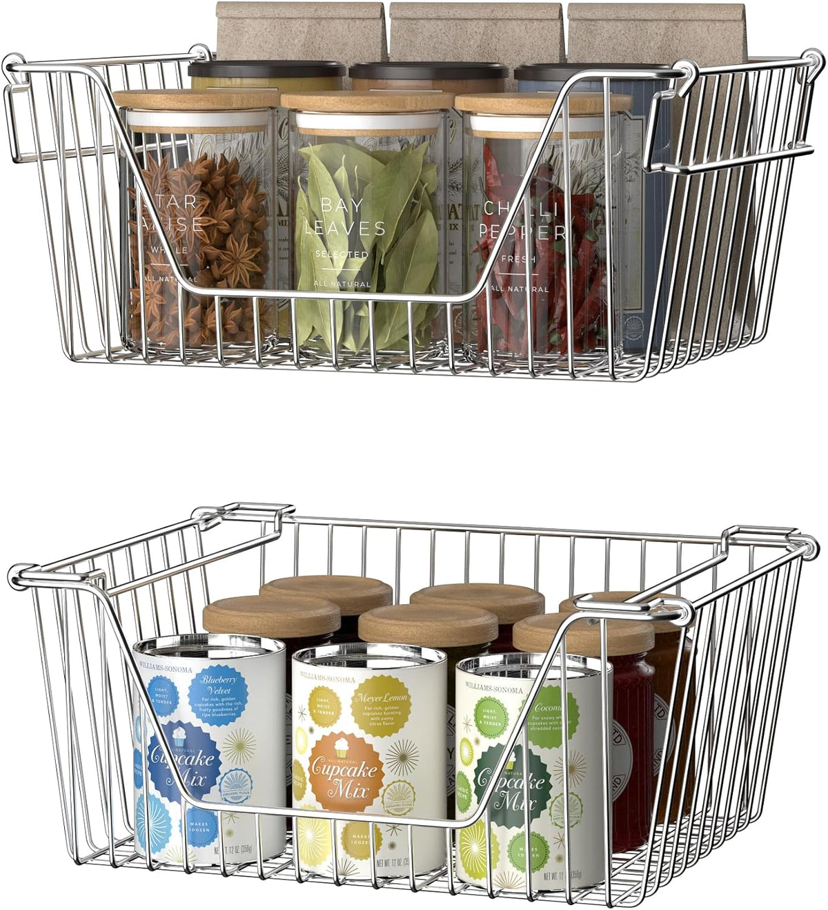Slideep Wire Storage Baskets, Freezer Baskets Farmhouse Stackable Organizer Storage Bins Large Organizer for Storage, Office, Bathroom, Pantry Organization Storage with Handles 14" Black -Set of 3