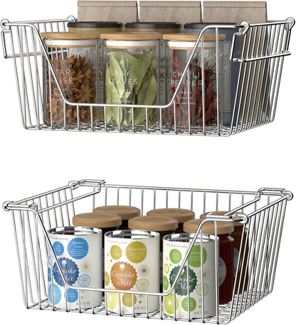 Slideep Wire Storage Baskets, Freezer Baskets Farmhouse Stackable Organizer Storage Bins Large Organizer for Storage, Office, Bathroom, Pantry Organization Storage with Handles 14" Black -Set of 3