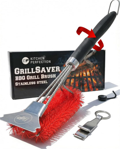 KITCHEN PERFECTION GrillSaver - Safe BBQ Grill Brush for Outdoor Grill with Replaceable Cleaning Head -Heavy-Duty Grill Cleaner with Scraper for All Grates +2 Bonuses -Best Grilling Gifts for Men