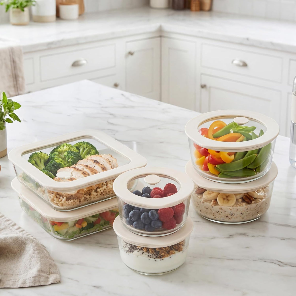 Urban Green Glass Food Container Set with Glass Lid, 3 Pack, Food Storage Containers Set, Airtight, LeakProof, 100% Plastic Free, Meal Prep Containers (White Color)