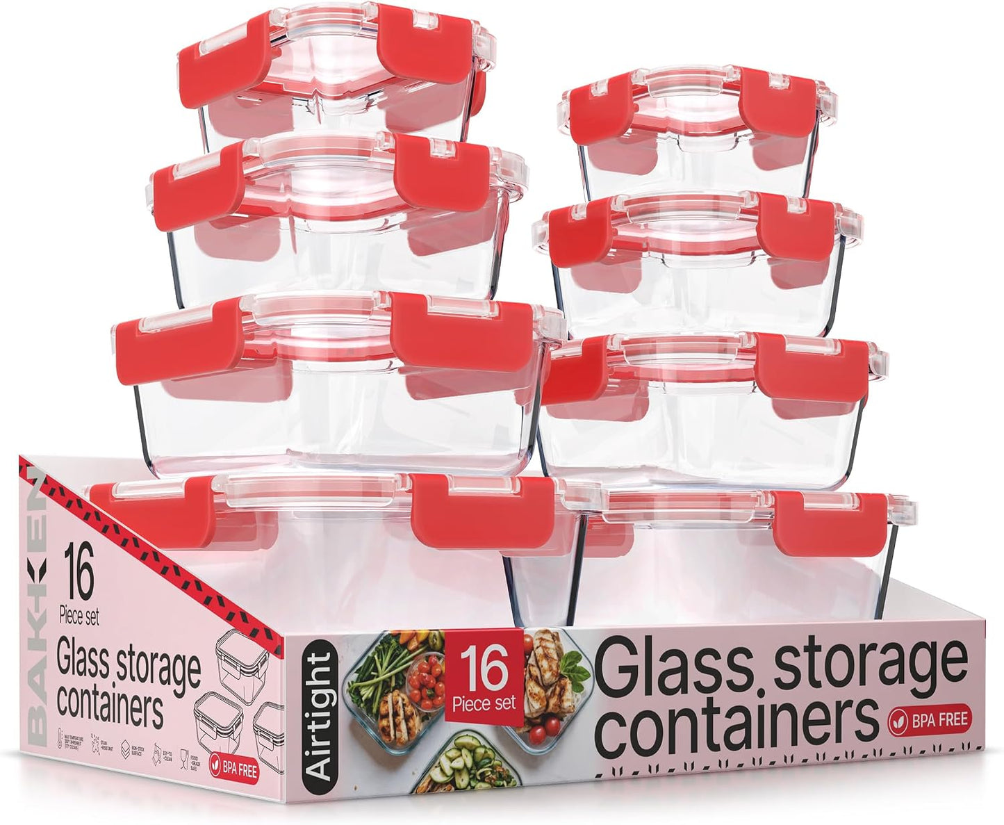 Bakken Borosilicate Glass Food Storage Containers with Lids 16 Pieces, BPA-Free Stackable Lunch & Leftover Containers, Microwave, Freezer & Dishwasher Safe, 100% Airtight Leak-Proof, Gray