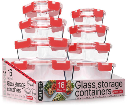 Bakken Borosilicate Glass Food Storage Containers with Lids 16 Pieces, BPA-Free Stackable Lunch & Leftover Containers, Microwave, Freezer & Dishwasher Safe, 100% Airtight Leak-Proof, Gray