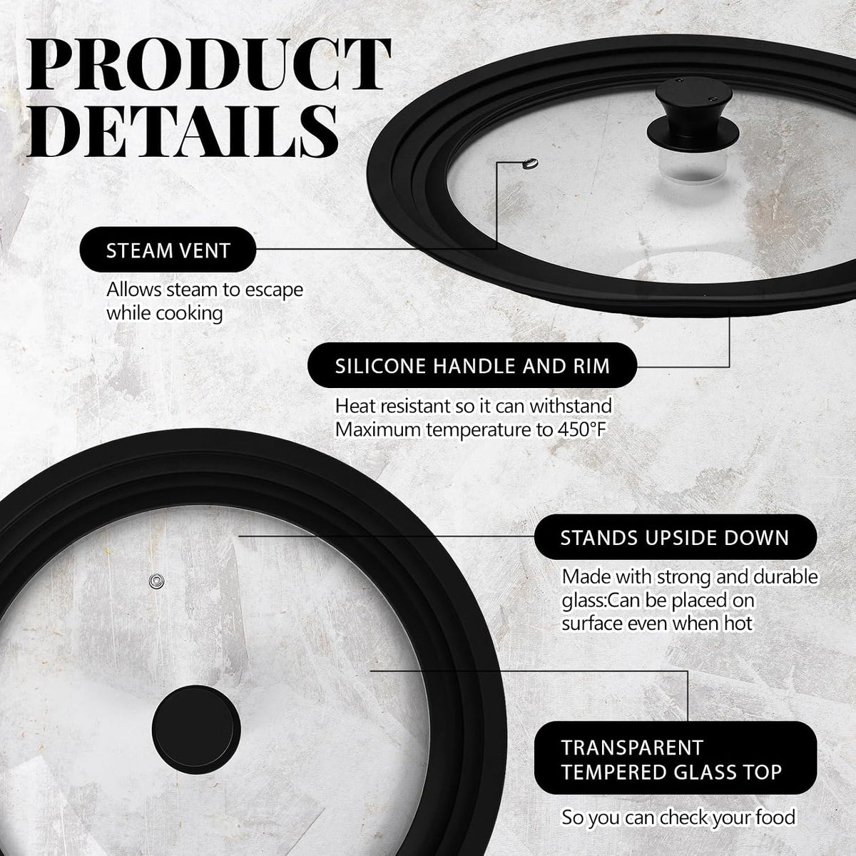 Blushtier 2 Set Universal Lid for Pots, Pans and Skillets, Black