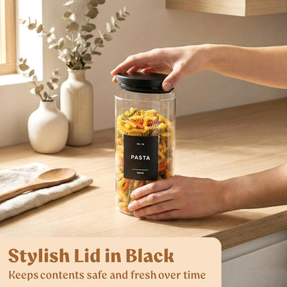 EDELHAUS 2x Large Glass Storage Containers with Airtight Black Lids [135oz/4000ml] | Extra Thick Glass Canisters for Pantry + 63 Labels | Flour Rice Cereal Sugar Coffee Beans Tea
