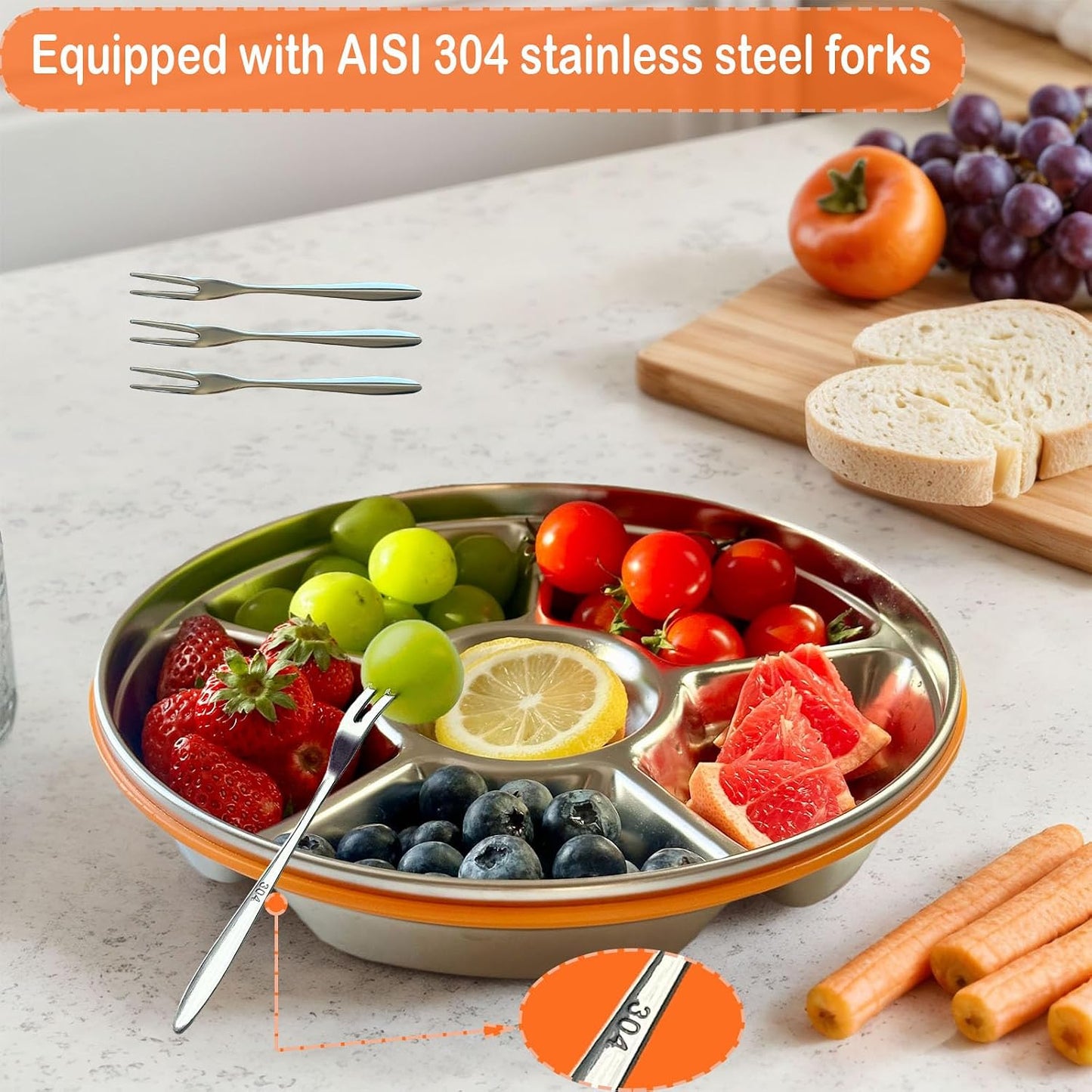 Divided Serving Tray with Lid, Veggie Tray with Lid Stainless Steel 6 Compartments Vegetable and 4 Forks Set for Party Platter, Vegetable Relish Fruit Tray, Snackle Box