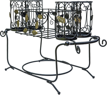 Portable Utensil Caddy for Parties, Elegant Leaf Design Buffet & Silverware Organizer with Napkin Holder, Stainless Steel Plate Storage Caddy for Camping, BBQ & Outdoor Dining