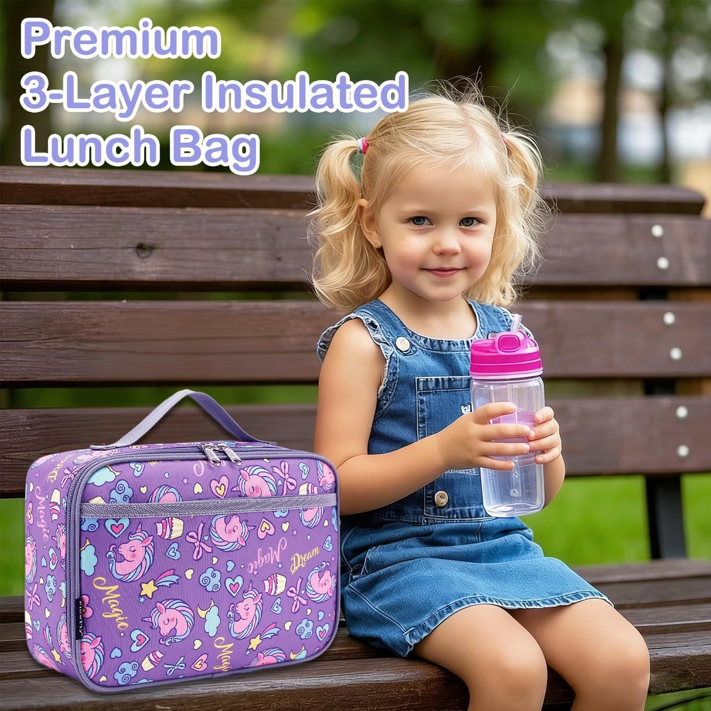 FlowFly Kids Lunch box Insulated Soft Bag Mini Cooler Back to School Thermal Meal Tote Kit for Girls, Boys, Black