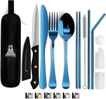 Taplord Portable Travel Silverware Set With Case, Includes 10 Pcs of Travel Utensils With Case, Stainless Steel Flatware Set For Camping, Lightweight (Multi-Color)
