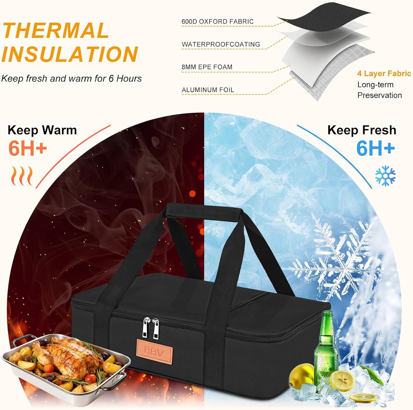 BBV Insulated Casserole Carrier for Hot or Cold Food, Food Warmer Bag Fits 9"x13" Baking Dish, Durable Nylon Leak Proof Food Containers for Travel, Potluck, Parties, Picnic, Cookouts (Beige)