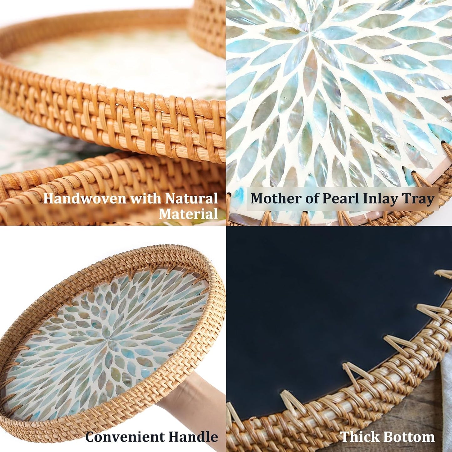 Round Rattan Tray with Mother of Pearl Inlay, Rattan Serving Tray for Coffee, Bread, Fruits, Decorative Wicker Tray for Table Decor, Home Decor, Kitchen Island Decor(Black Checkerboard, 11.8")