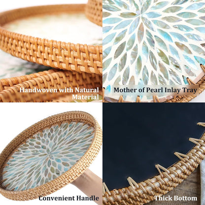 Round Rattan Tray with Mother of Pearl Inlay, Rattan Serving Tray for Coffee, Bread, Fruits, Decorative Wicker Tray for Table Decor, Home Decor, Kitchen Island Decor(Black Checkerboard, 11.8")
