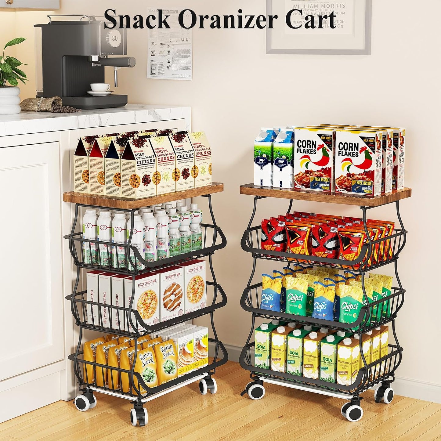 SAYZH Fruit Basket Kitchen Pantry Organizers and Storage - Wooden Top Table, Stackable Metal Wire Basket Stand Cart for Fruit Vegetable Snacks Onion Potato Organization (Black, 5 Tiers)