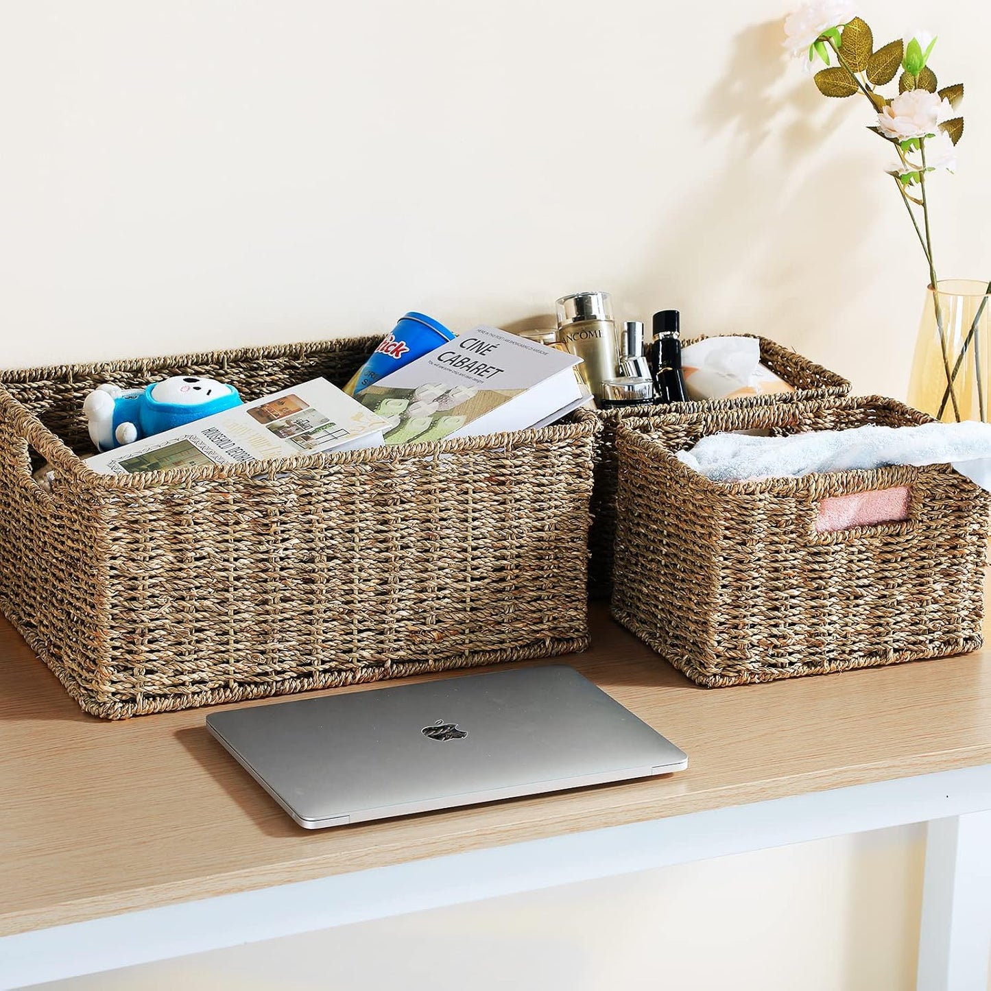HOONEX Water Hyacinth Storage Baskets, Wicker Baskets for Storage, Hand Woven Baskets with Carry Handles, Set of 2, Natural