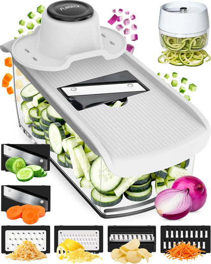 Fullstar Mandoline Slicer for Kitchen, Fruit Cutter, Cheese Grater, Cucumber Slicer, Veggie Spiralizer, Food Cutter & Kitchen Gadgets & Gifts with Safety Glove (11 in 1, White)