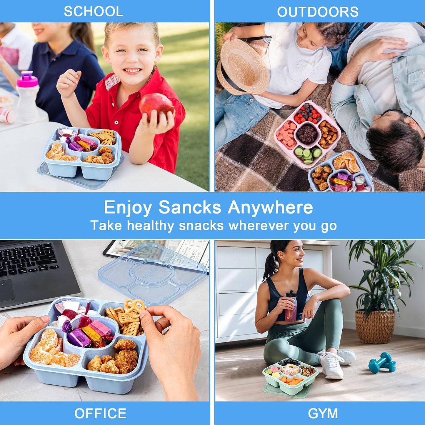 Caperci 5-Pack Lunchable Container Set for Kids & Adults - Reusable Bento Snack Box Containers with 5-Compartment for Food Storage & Meal Prep, Wheat Straw, BPA-Free (Dark & Clear Lids)