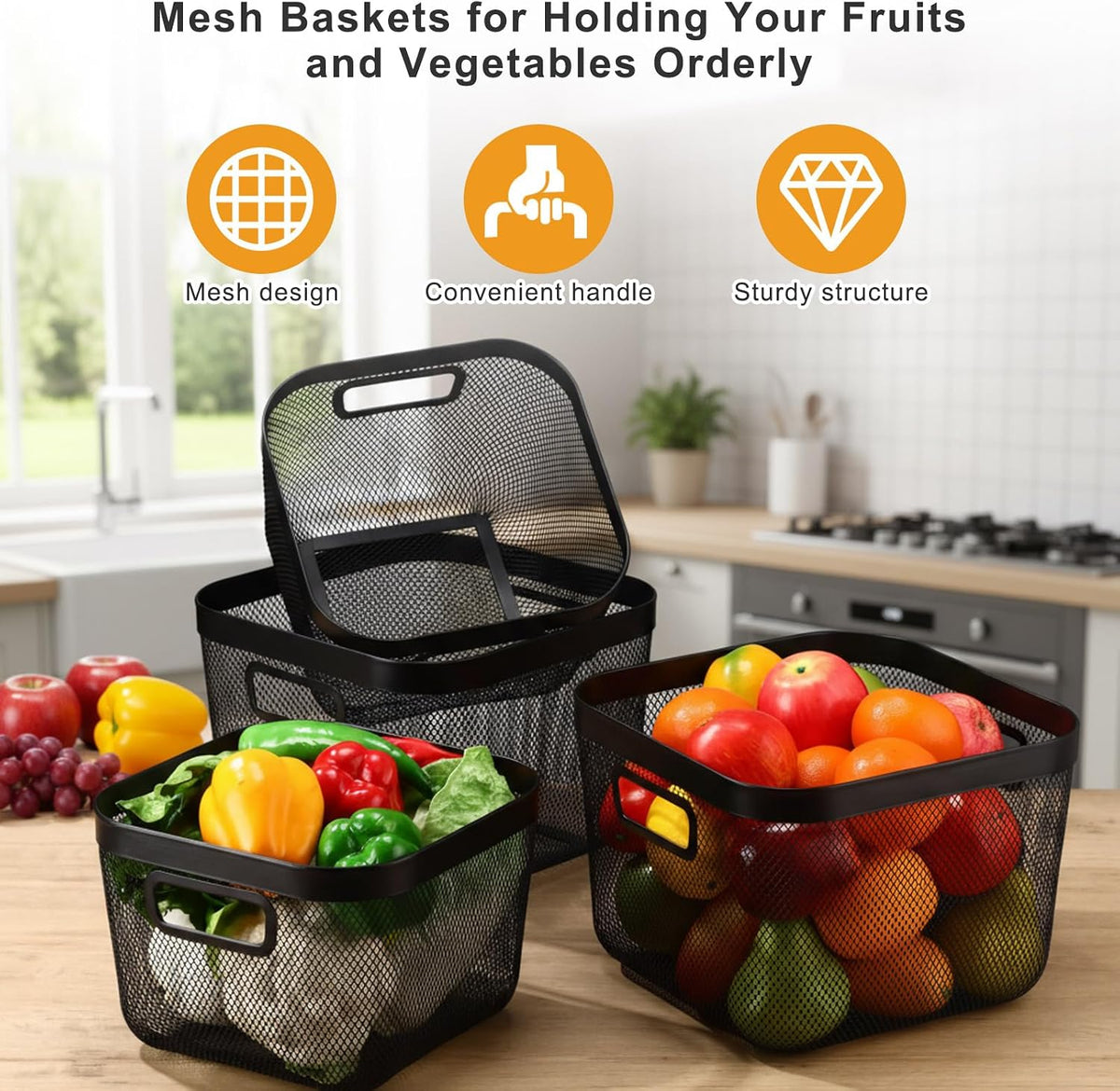 MorningRo 6 Pack Metal Mesh Basket with Hollow Handles Black Wire Storage Bin for Organizing Stackable Metal Fine Mesh Basket for Pantry Bathroom Kitchen Cabinets Shelves (Medium)