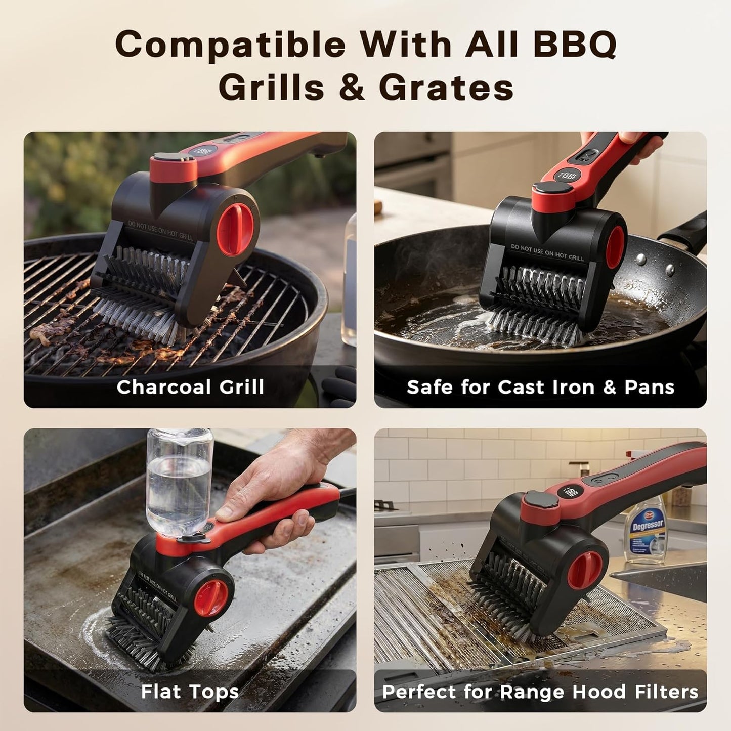 Electric Grill Brush, 100W High Power Cordless BBQ Cleaner with 300ml Water Spray Tank, IPX8 Waterproof Automatic Scrubber for Gas Charcoal Grills, 2-Speed Rechargeable Power Brush with Scraper