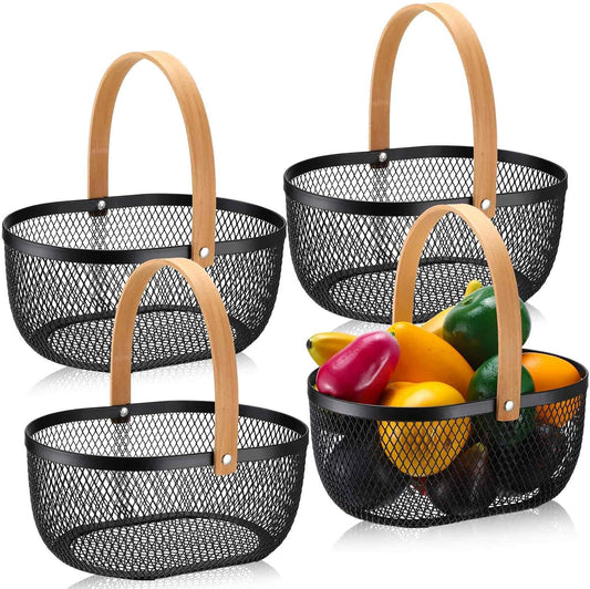 Maxcheck 4 Pcs Oval Metal Wire Storage Basket with Handle for Gathering Vegetables Multi Functional Mesh Basket for Kitchen Bathroom Picnic Home, 10.24 x 7.68 Inch(White)