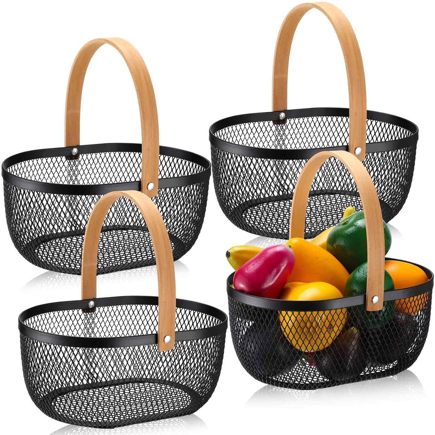 Maxcheck 4 Pcs Oval Metal Wire Storage Basket with Handle for Gathering Vegetables Multi Functional Mesh Basket for Kitchen Bathroom Picnic Home, 10.24 x 7.68 Inch(White)