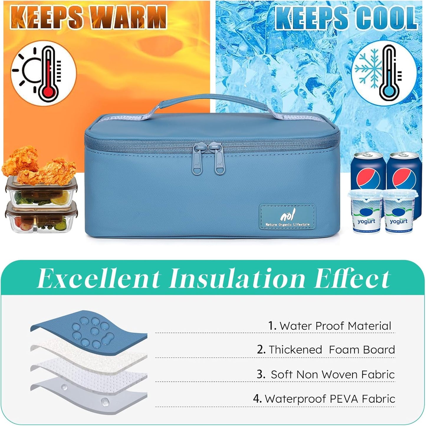 NOL Mini Insulated Lunch Bag for Women Men Kids | Small Leakproof Reusable Lunch Tote | Fits 6 Cans 330ml | Thermal Cooler for Work School Picnic Camping, Navy blue