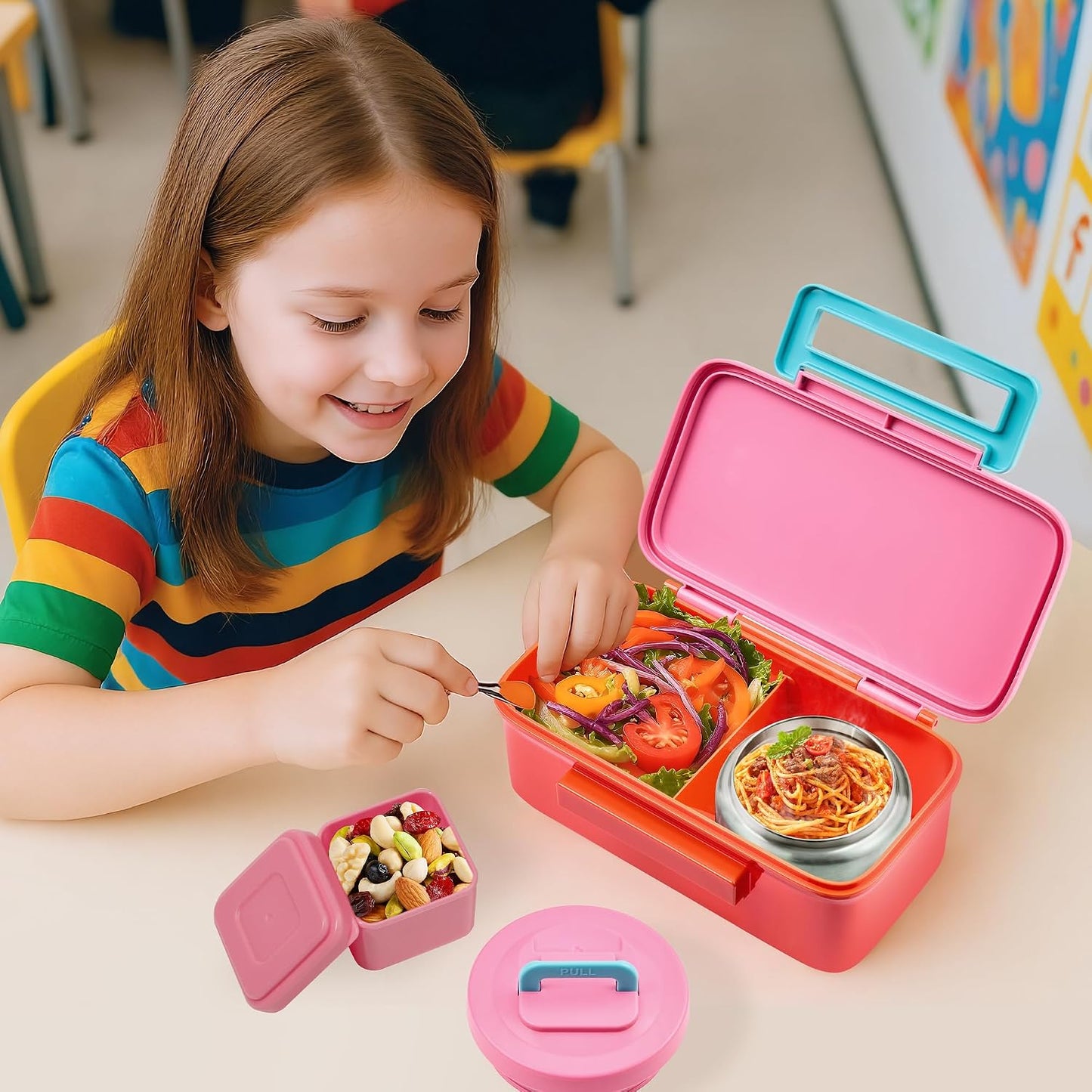 JXXM Bento Lunch Box for Kids With 8oz Thermo, Leakproof Bento Box with with 2 Compartments, Insulated Bottle, Lunch Bag, BPA Free Dishwasher Safe for School Girls Boys (Pink)