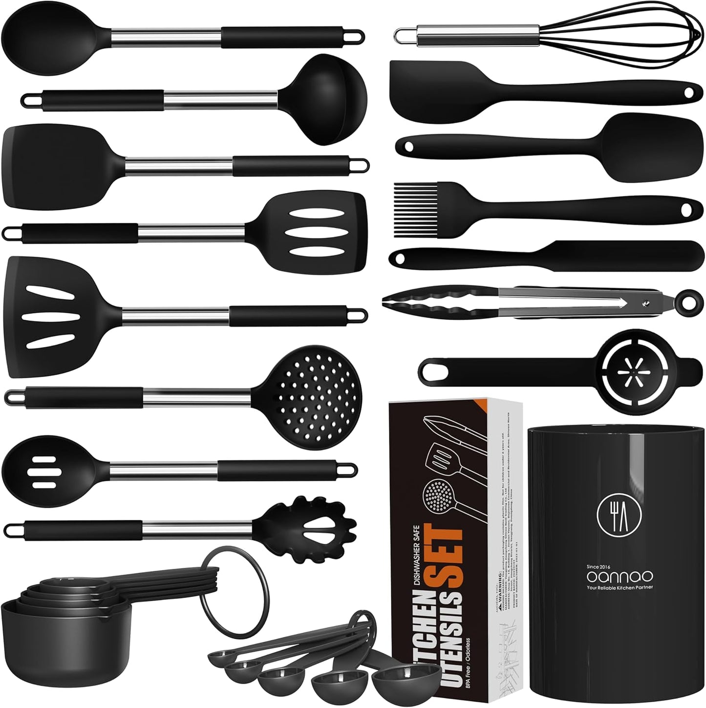 oannao Large Silicone Cooking Utensils Set - Heat Resistant Kitchen Utensils,Turner Tongs,Spatula,Spoon,Brush,Whisk,Stainless Steel Cooking Tool for Nonstick Cookware,Dishwasher Safe (Khaki)