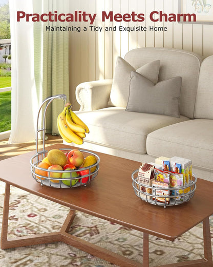 Sevenblue 2 Tier Large Fruit Basket for Kitchen Counter with Removable Banana Hanger - Sturdy Iron Fruit Bowl for Kitchen Counter and Vegetable Holder, Fruit Holder for Home Decor, Black