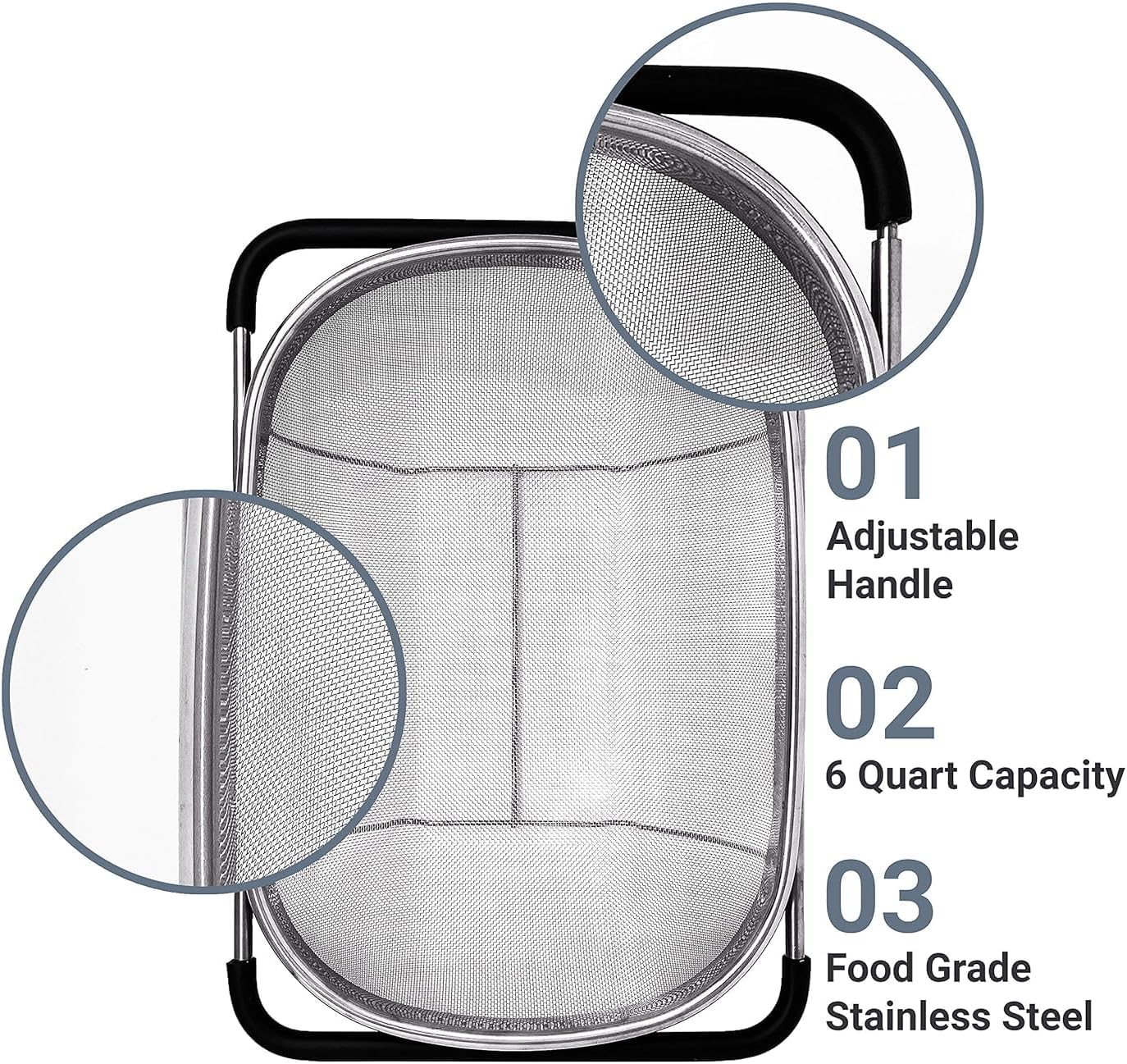 Gormery_Over The Sink Colander Strainer Basket Stainless Steel, for Kitchen Sink with Rubber Grip, Fine Mesh Stainless Steel, Large, Expandable Metal Strainer for Pasta, Food, Vegetables