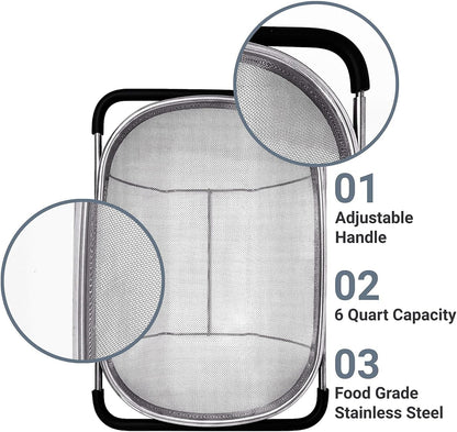 Gormery_Over The Sink Colander Strainer Basket Stainless Steel, for Kitchen Sink with Rubber Grip, Fine Mesh Stainless Steel, Large, Expandable Metal Strainer for Pasta, Food, Vegetables