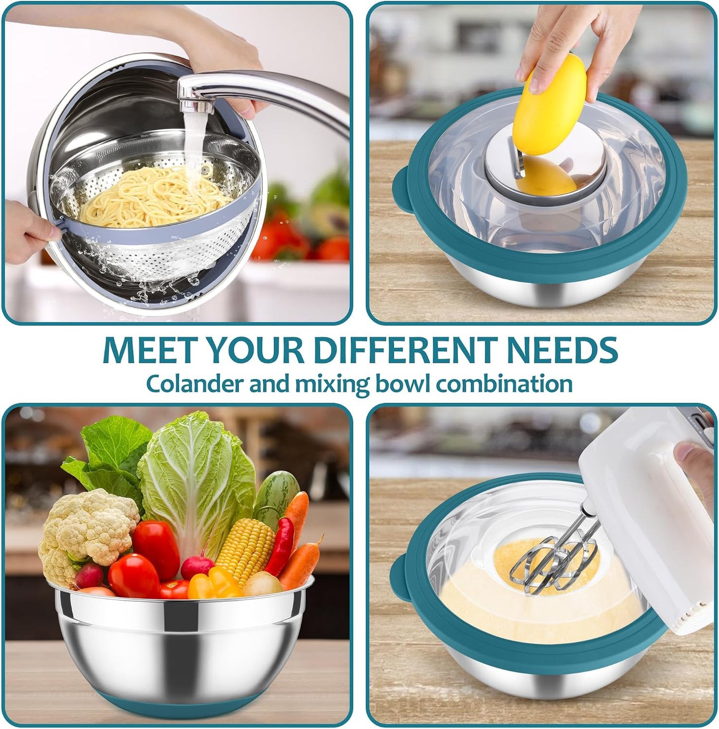 E-far Colander with Mixing Bowl Set, 4-1 Stainless Steel Colander Strainers Bowl with Graters for Kitchen, Rotatable Food Strainer Bowl for Rinsing Fruits Vegetables/Draining Pasta - Black