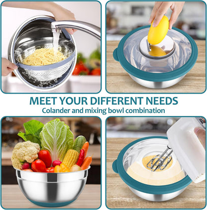 E-far Colander with Mixing Bowl Set, 4-1 Stainless Steel Colander Strainers Bowl with Graters for Kitchen, Rotatable Food Strainer Bowl for Rinsing Fruits Vegetables/Draining Pasta - Black