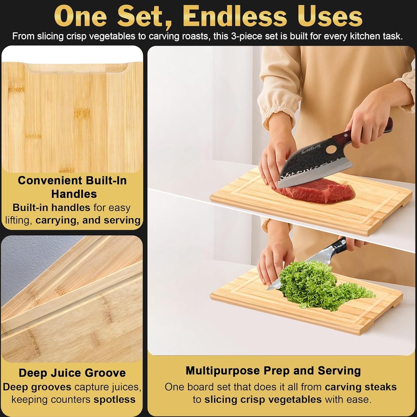 SliceElite Extra Large Bamboo Cutting Board Set 3 Piece End Grain Wooden Chopping Boards with Holder Non Slip Feet Juice Groove XL Butcher Block Style Boards for Kitchen Carving and Serving