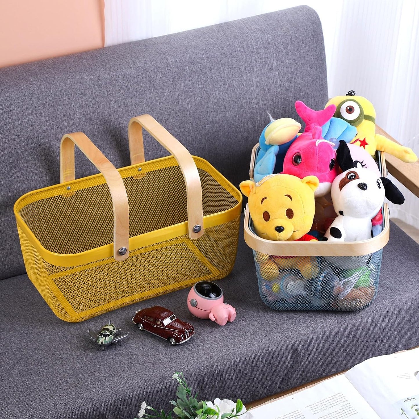 Coloful Metal Mesh Wire Basket with Foldable Wooden Handle,Bin Garden Fruit Vegetable Storage Hanging Harvest Holder for Kitchen Bathroom Picnic (Yellowish Green, Cuboid-15.7 x 9.5 x 7.2“)