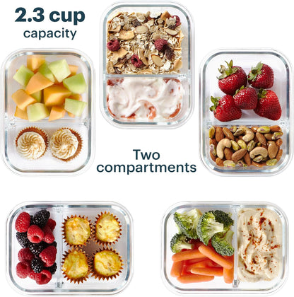 Pyrex Glass Meal Box (5-Pack, 2.3 Cup) Divided Compartments with Locking Lids, For Meal Prepping and Portioning, BPA Free Microwave Dishwasher Safe